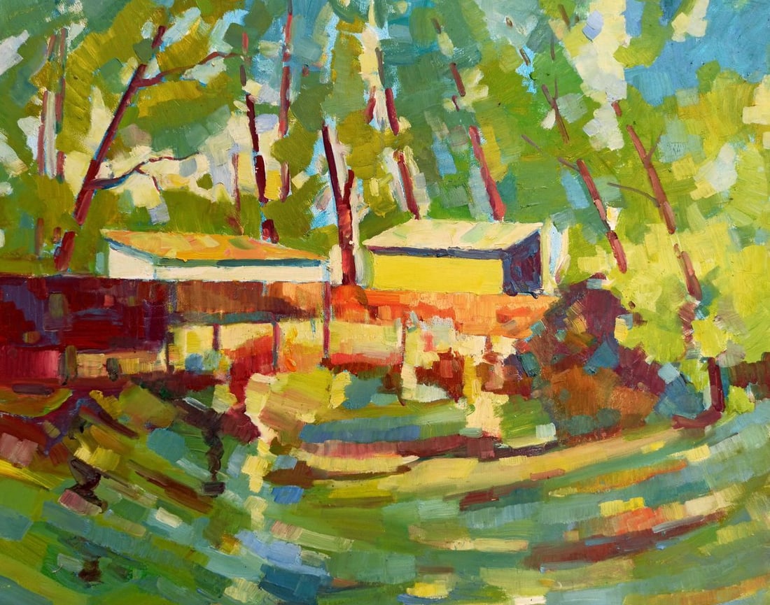 Abstract oil painting House in the forest Peter Tovpev: Dobr 48 *** ABOUT THIS PAINTING *** * TITLE: "House in the forest" * ARTISTS: Peter Tovpev * SIZE: 65x80 cm/25.59x31.49 inches' * MEDIUM: oil, canvas * HAND PAINTED: Original painting from our