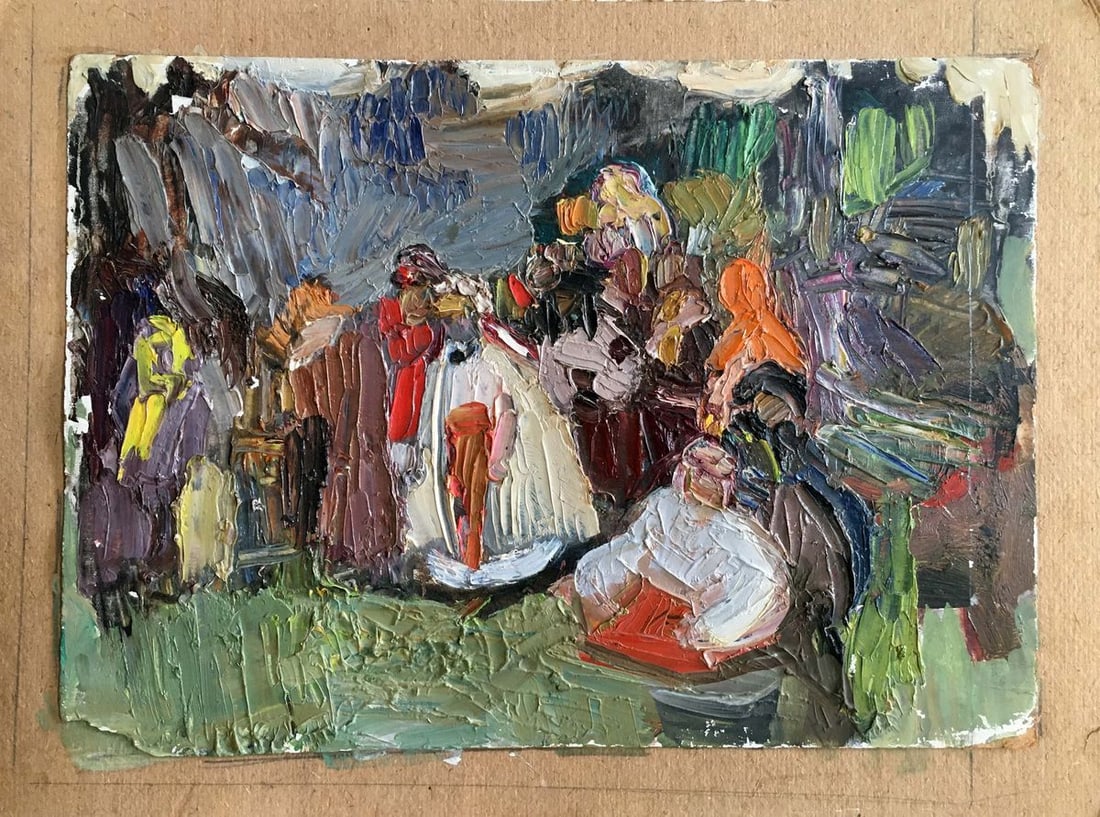Oil painting People on a picnic: Verns 10 *** ABOUT THIS PAINTING *** * TITLE: "People on a picnic" * ARTISTS: Unknown artist * SIZE: 29x40 cm/11.41x15.74 inches' * MEDIUM: oil, cardboard * HAND PAINTED: Original painting from our