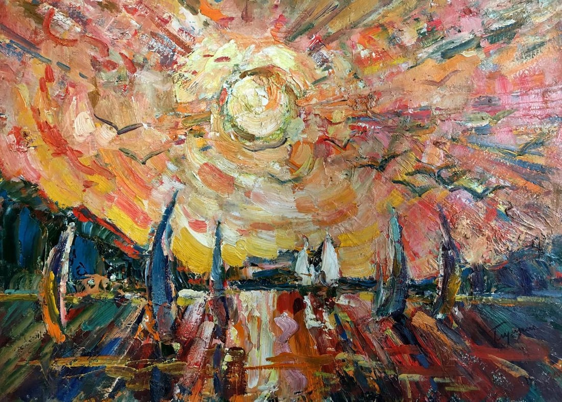 Glushchenko Nikolay Petrovich Oil painting The sun: Verns 19 *** ABOUT THIS PAINTING *** * TITLE: "The sun" * ARTISTS: Glushchenko Nikolay Petrovich * SIZE: 49.5x70 cm/19.48x27.55 inches' * MEDIUM: oil, cardboard * HAND PAINTED: Original painting from 