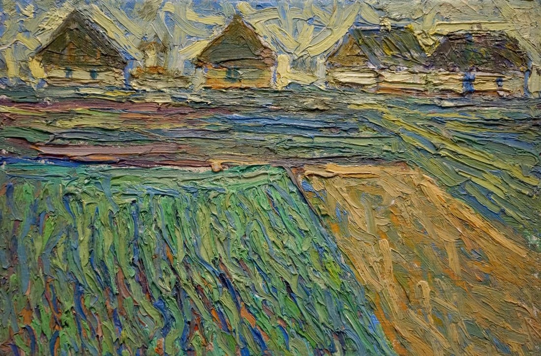 Abstract oil painting Village landscape Dupliy Sergey Alexandrovich: Verns 412 *** ABOUT THIS PAINTING *** * TITLE: "Village landscape" * ARTISTS: Dupliy Sergey Alexandrovich * SIZE: 35x50 cm/13.77x19.68 inches' * MEDIUM: oil, canvas on cardboard * HAND PAINTED: Origin