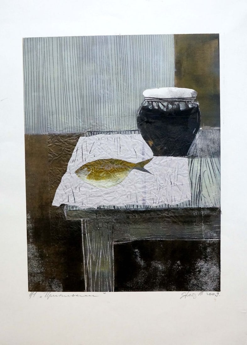 Abstract painting Fish on the table Albina Yaloz: Verns 791 *** ABOUT THIS PAINTING *** * TITLE: "Fish on the table" * ARTISTS: Albina Yaloz * SIZE: 70x50 cm/27.55x19.68 inches' * MEDIUM: cardboard * HAND PAINTED: Original painting from our