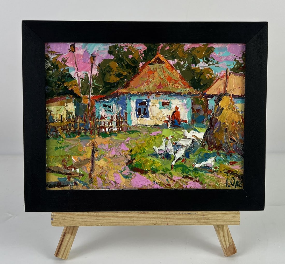 Oil painting In the Yard in Front of the House Oksana Ivanyuk: NoAAA6644*** ABOUT THIS PAINTING **** TITLE: "In the Yard in Front of the House"* ARTISTS: Oksana Ivanyuk* SIZE: 15x20 cm/5.90x7.87 inches'* MEDIUM: oil, canvas* HAND PAINTED: Original painting from