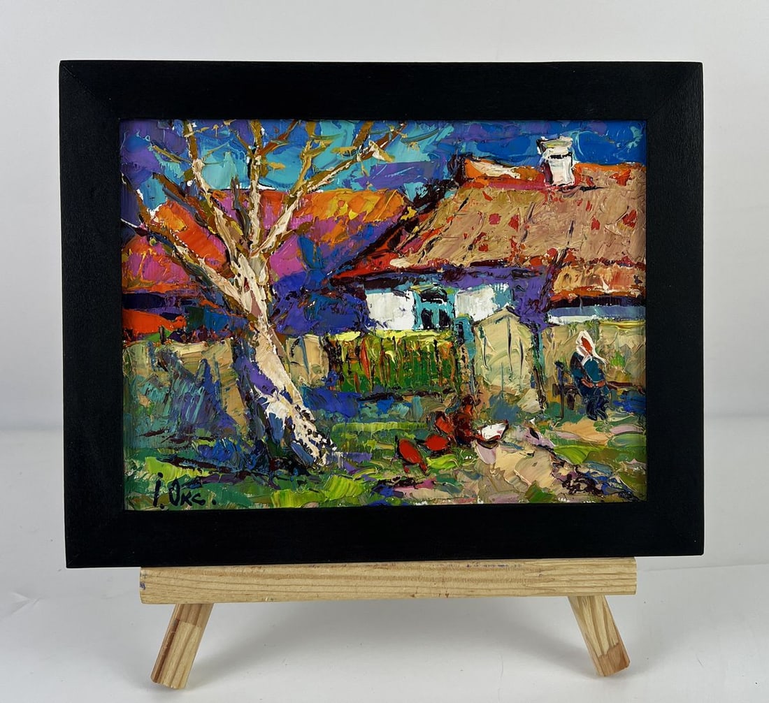 Oil painting Chickens in Front of the House Oksana Ivanyuk: NoAAA6648*** ABOUT THIS PAINTING **** TITLE: "Chickens in Front of the House"* ARTISTS: Oksana Ivanyuk* SIZE: 15x20 cm/5.90x7.87 inches'* MEDIUM: oil, canvas* HAND PAINTED: Original painting from our