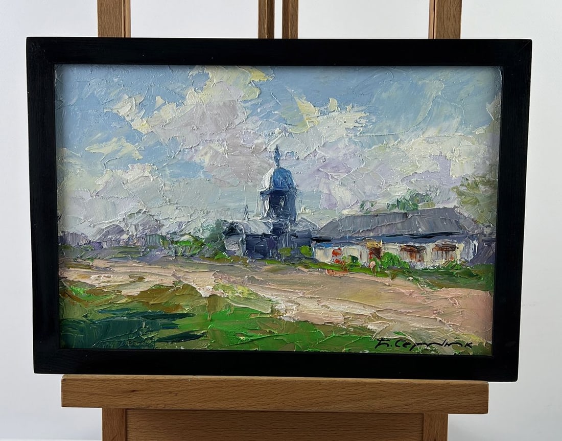 Oil painting Countryside in Summer Boris Serdyuk: NoAAA6691Oil painting Countryside in Summer Boris Serdyuk is a serene impressionistic landscape that captures the quiet charm of a rural village beneath a vast summer sky. A peaceful countryside road