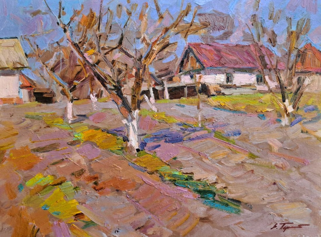 Oil painting March In The Yard Of The Hut Vyacheslav Pereta: NoTep 160Oil painting March In The Yard Of The Hut Vyacheslav Pereta captures the quiet awakening of early spring through refined impressionistic technique and confident, expressive brushwork. The art