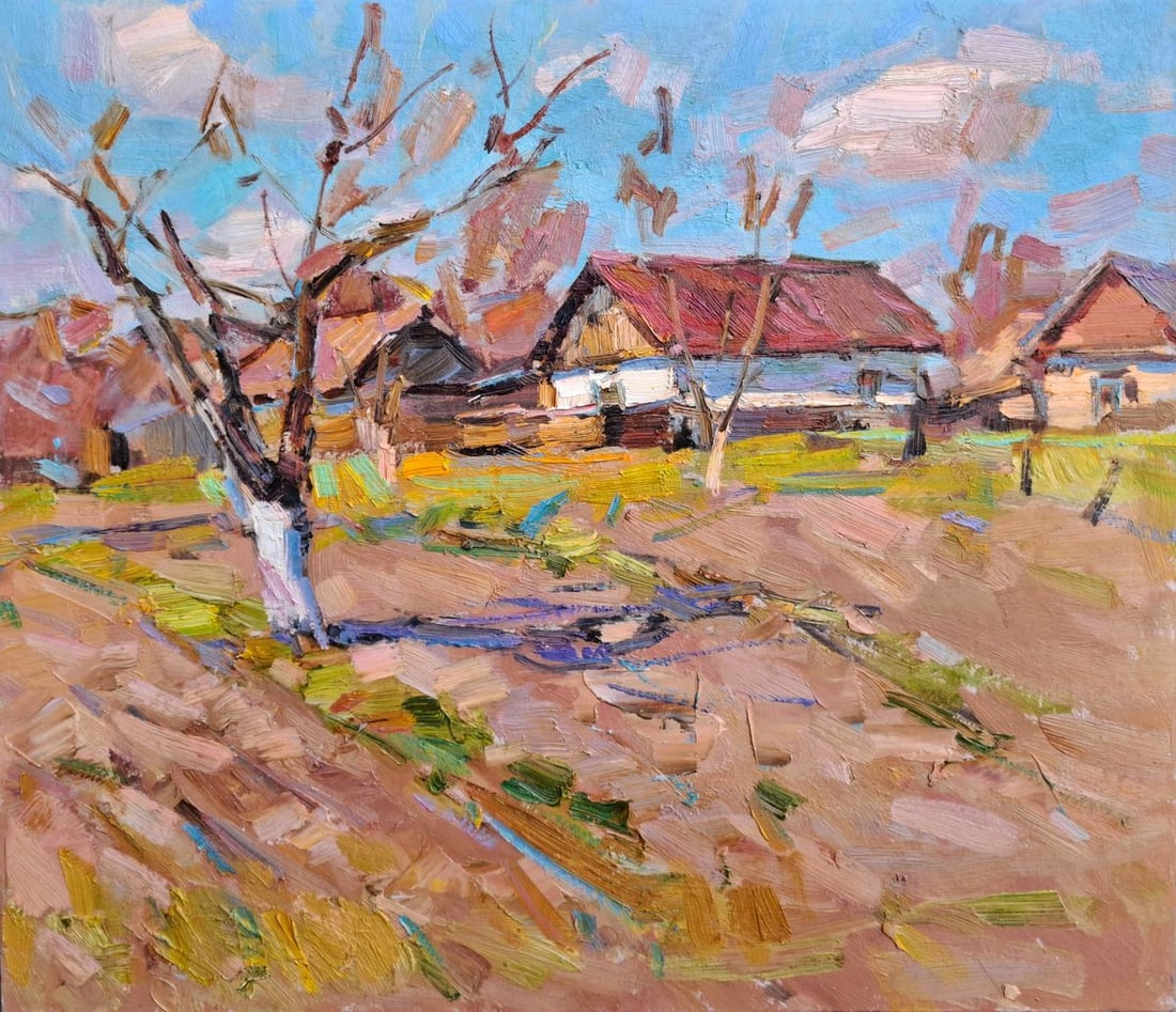Oil painting Spring Sun In The Villages Vyacheslav Pereta: NoTep 165Oil painting Spring Sun In The Villages Vyacheslav Pereta is a luminous rural landscape filled with warmth, fresh air, and the quiet charm of village life awakening after winter. The artist