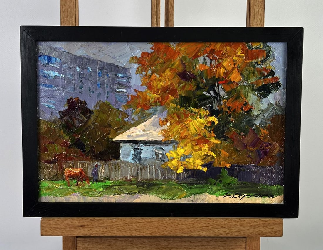 Oil painting A red cow near the house yard Boris Serdyuk: NoAAA6388*** ABOUT THIS PAINTING **** TITLE: "A red cow near the house yard"* ARTISTS: Boris Serdyuk* SIZE: 20x30.3 cm/7.87x11.81 inches'* MEDIUM: oil, canvas* HAND PAINTED: Original painting from