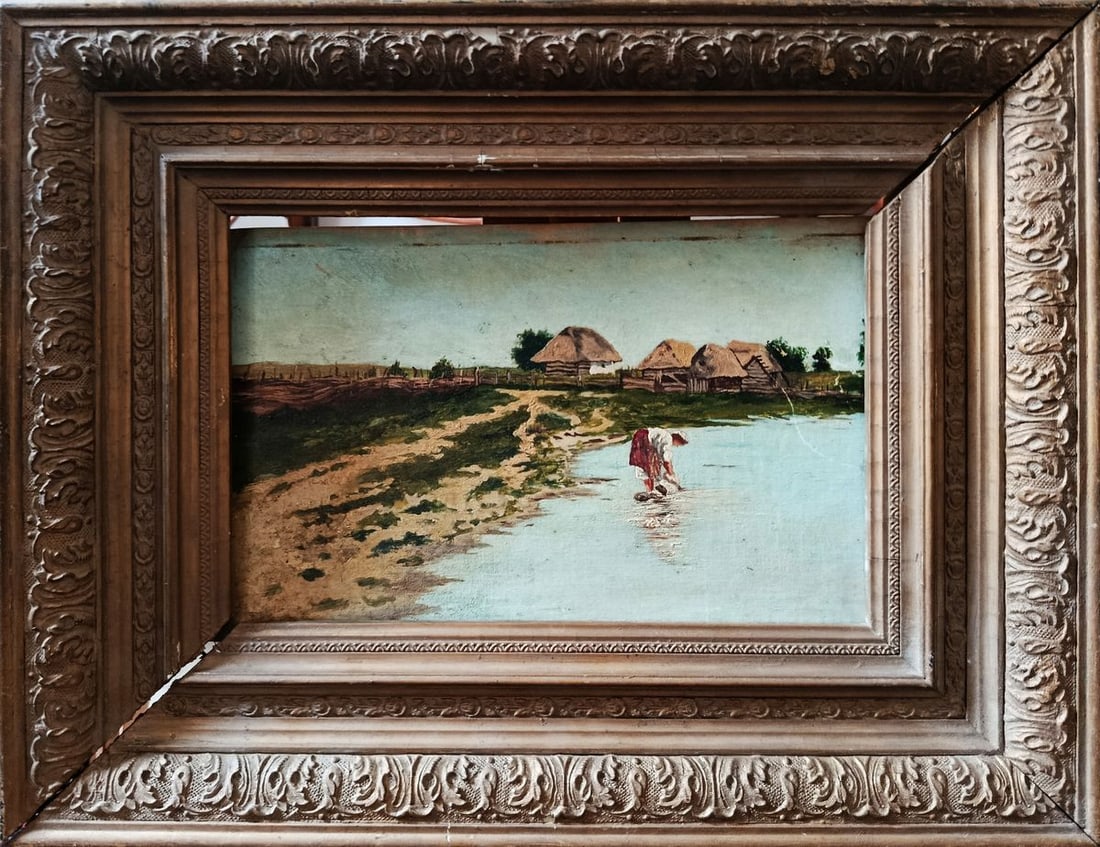 Oil painting Village by the river Unknown artist: NoVerne 473*** ABOUT THIS PAINTING **** TITLE: "Village by the river"* ARTISTS: Unknown artist* SIZE: 20x30 cm/'7.87x11.81 inches'* FRAME SIZE: 39x49 cm/'15.35x19.29 inches'* MEDIUM: oil, cardboard* H
