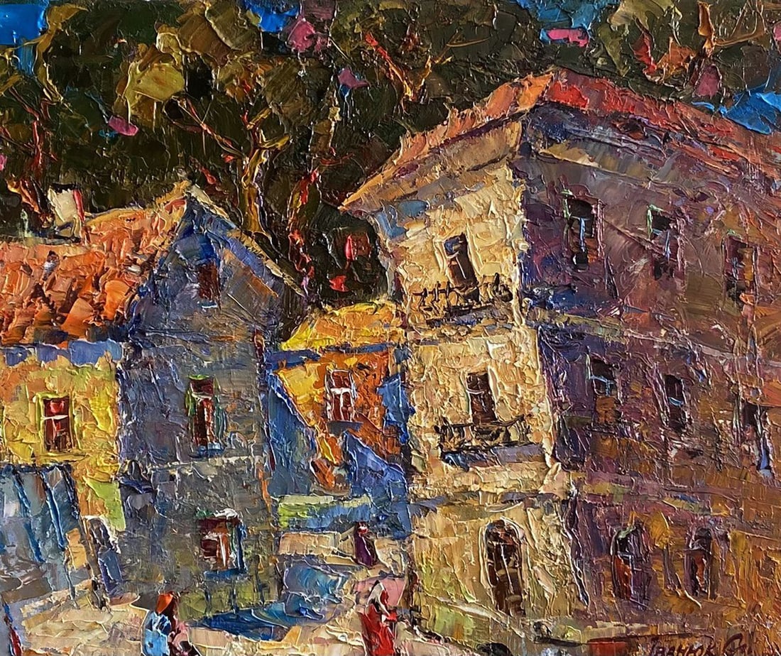 Oil painting Quiet city courtyard Oleksiy Ivanyuk: NoKalen 1649The Oil painting Canvas titled "Quiet city courtyard" captures the intimate charm and timeless atmosphere of an old urban neighborhood, where daily life unfolds quietly under the warm embr