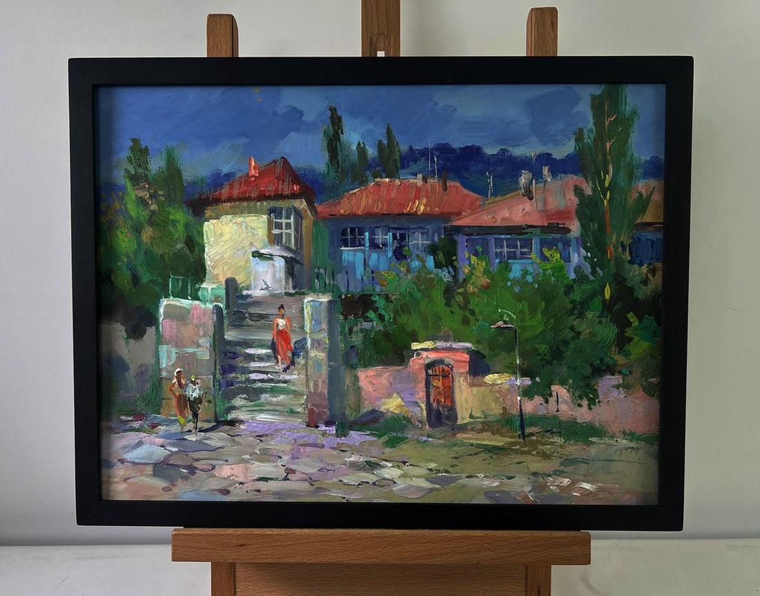 Oil painting Old city building with stairs Yuriy Suprunchuk: NoAAA5489The Oil painting on Cardboard titled "Old city building with stairs" captures a moment of quiet urban charm where architecture, nature, and human presence blend harmoniously. The composition