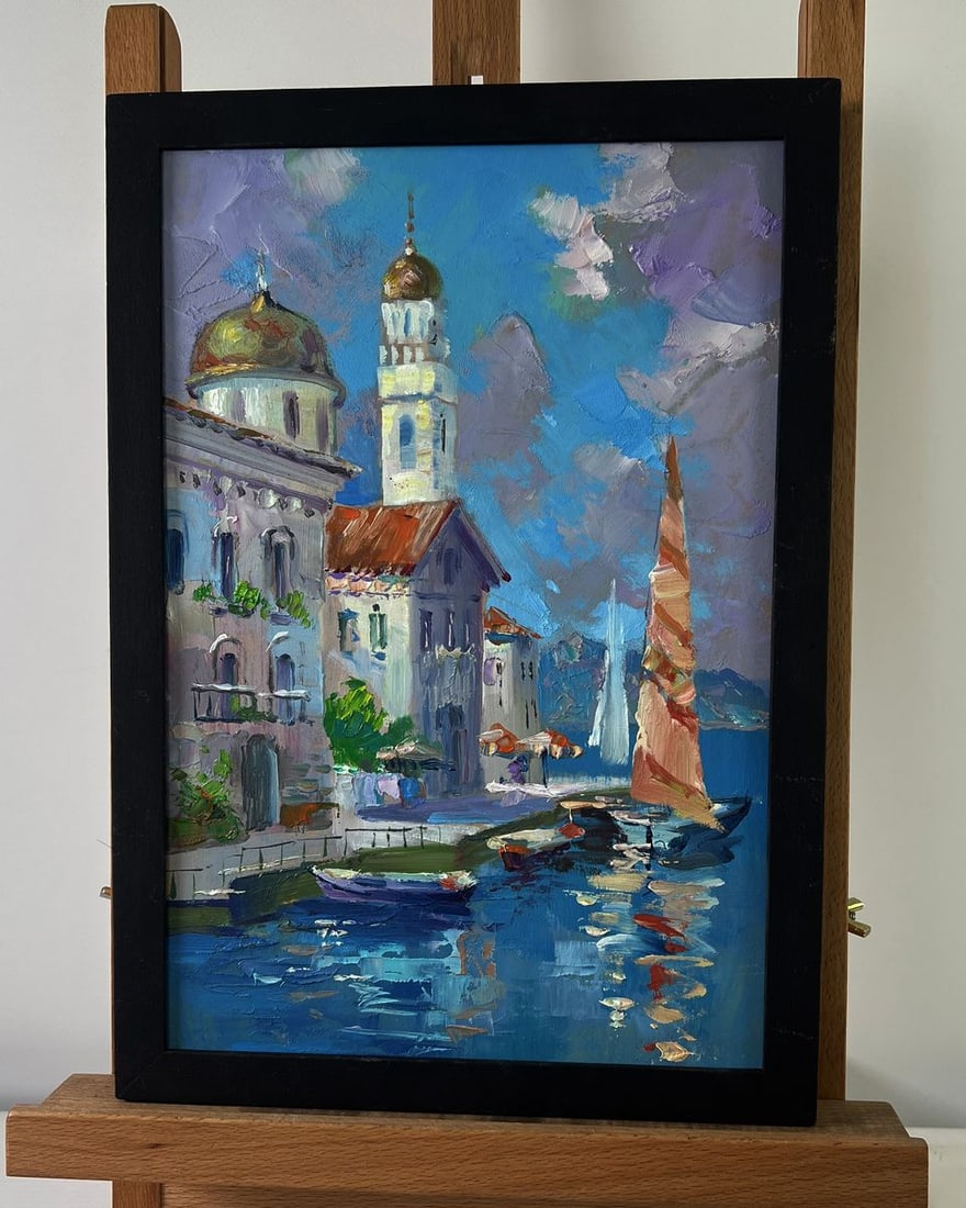 Oil painting The sea gently caresses the buildings Yuriy Suprunchuk: NoAAA5502The Oil painting on Cardboard titled "The sea gently caresses the buildings" captures a striking scene where architecture and nature coexist in lyrical harmony. The viewer is immediately