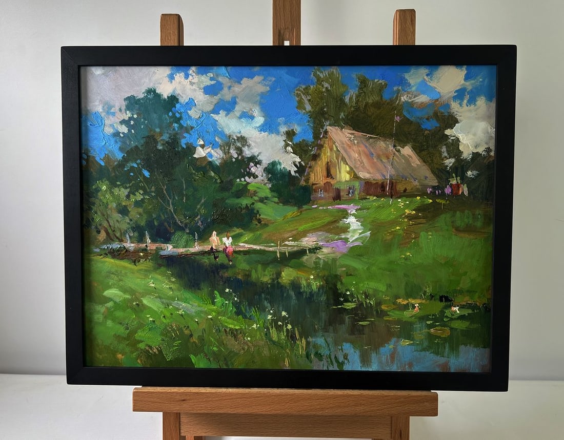Oil painting Quiet conversations of girls Yuriy Suprunchuk: NoAAA5529The Oil painting on Cardboard titled "Quiet conversations of girls" captures a poetic moment in a pastoral setting where nature and human intimacy gently converge. The composition is filled w
