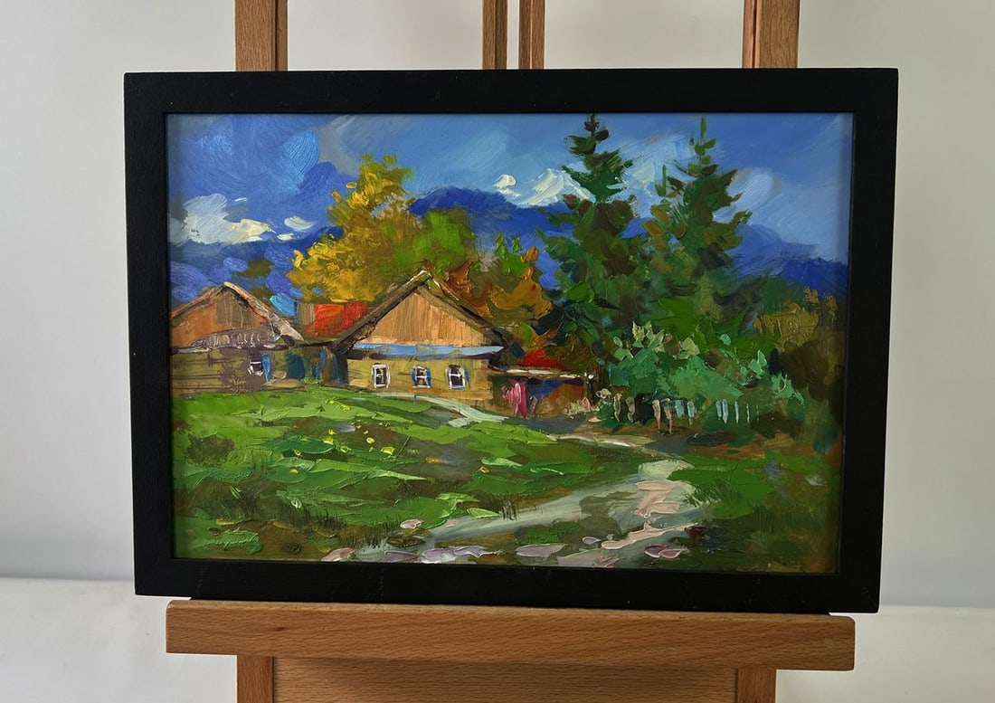 Oil painting Path to the village Yuriy Suprunchuk: NoAAA5535The Oil painting on Cardboard titled "Path to the village" captures the timeless charm of rural life, where the simplicity of a wooden home nestled among trees speaks of serenity, comfort,
