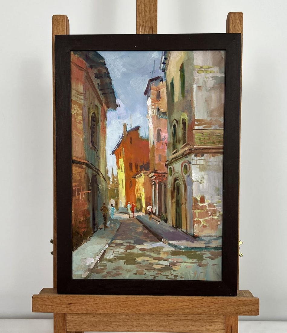 Oil painting Street of old memories of the city Yuriy Suprunchuk: NoAAA4374This oil painting cardboard is titled "Street of old memories of the city" immerses the viewer in a nostalgic journey through the narrow alleys of a historic European town. The artist