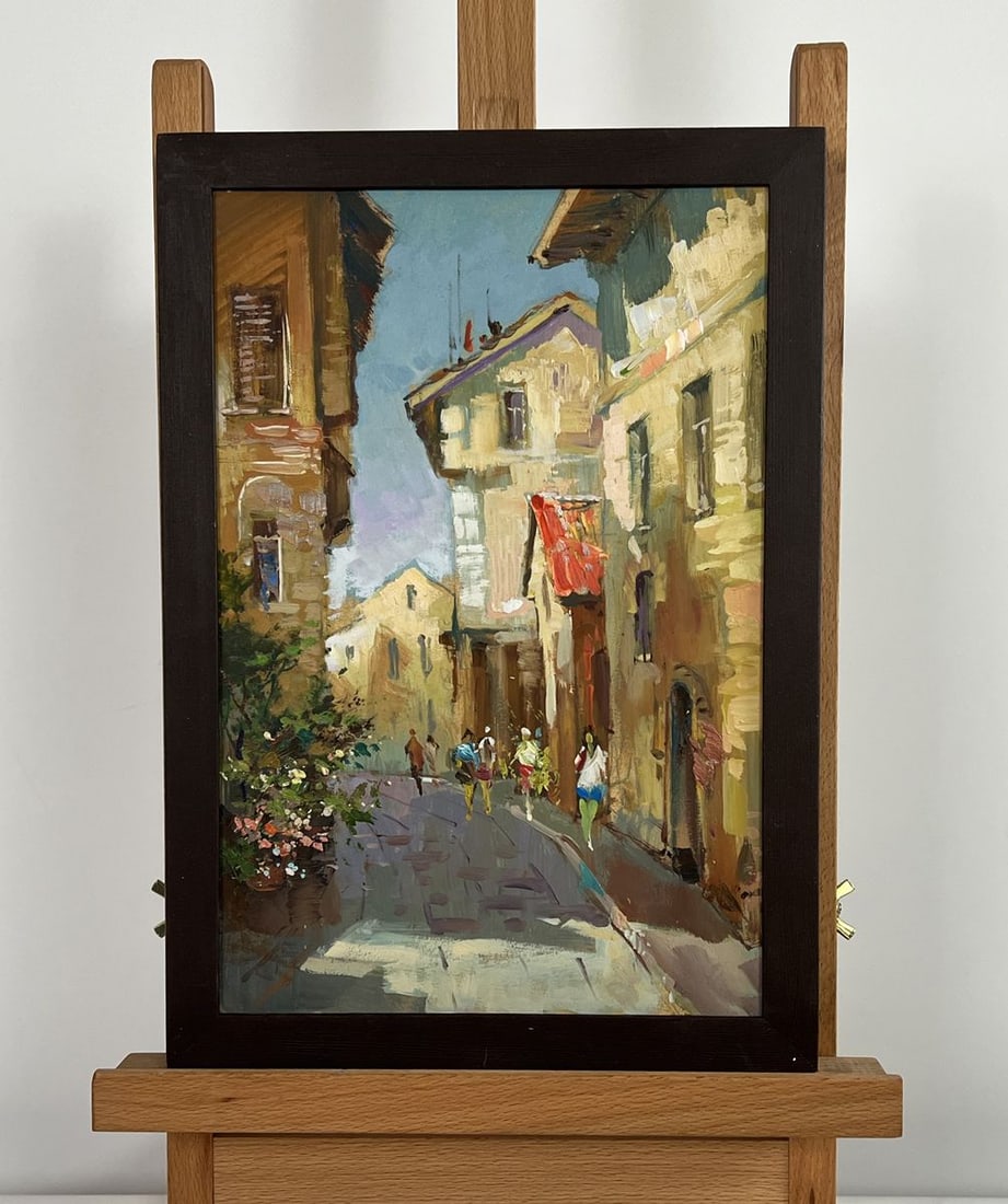 Oil painting Summer walk around the city Yuriy Suprunchuk: NoAAA4375This oil painting cardboard is titled "Summer walk around the city" beautifully captures the charm of a sunlit old town, where warm tones, soft shadows, and delicate brushstrokes come togethe