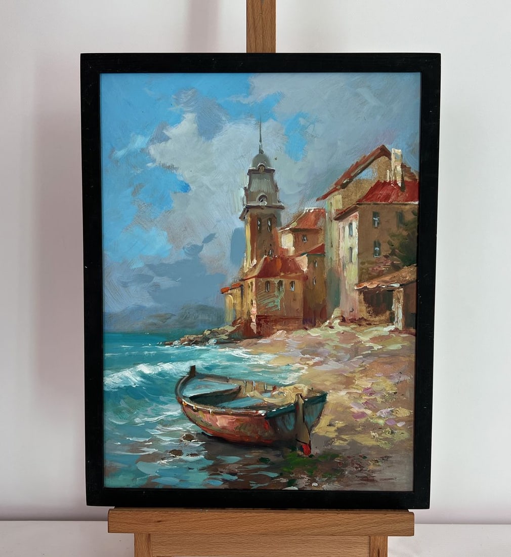 Oil painting A quiet pier near the city Yuriy Suprunchuk: NoAAA4449The painting "A Quiet Pier Near the City" captures the serene yet dynamic relationship between a coastal town and the restless sea. The artist's masterful use of oil on cardboard creates a vi