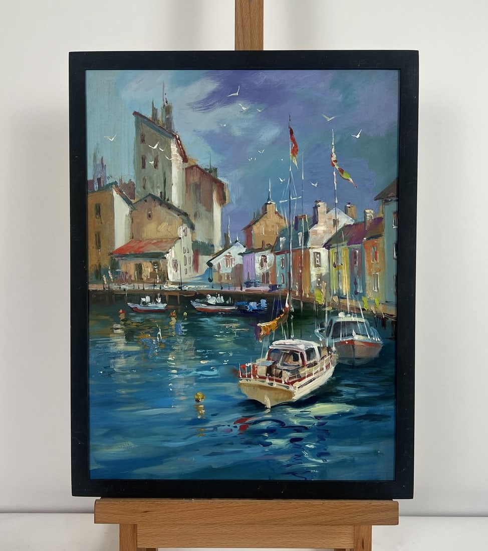 Oil painting Yachts on the water streets of Venice Yuriy Suprunchuk: NoAAA4451The painting "Yachts on the Water Streets of Venice" beautifully captures the charm and vibrancy of one of the most enchanting cities in the world. With expressive brushstrokes and a rich pal
