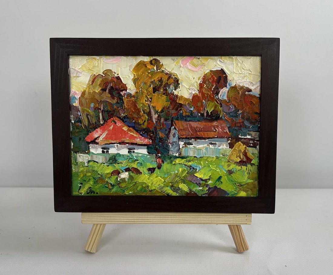 Oil painting Autumn yellow sunset Alex Kalenyuk: NoAAA4473The painting "Autumn Yellow Sunset" captures a picturesque rural scene bathed in the warm glow of an autumn evening. The artist employs bold, expressive strokes using the impasto technique, l