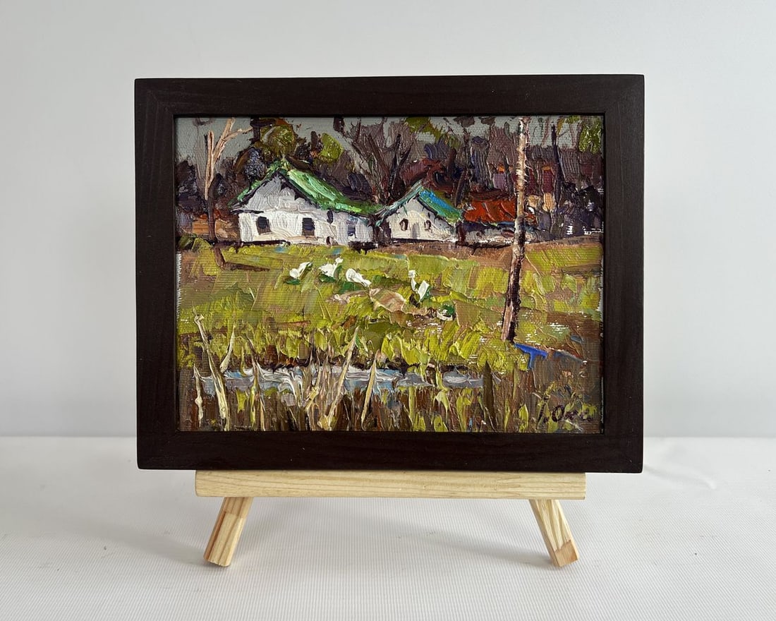 Oil painting Near the village lake Oksana Kalenyuk: NoAAA4484The painting "Near the Village Lake" beautifully captures the rustic charm of a countryside scene, where nature and rural life harmoniously coexist. The artist employs thick, expressive