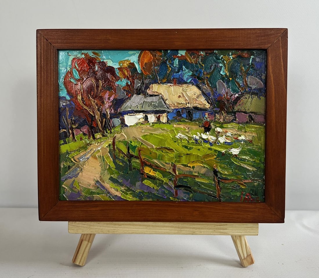Oil painting Warm rural street Oksana Kalenyuk: NoAAA4682The oil painting on canvas titled "Warm Rural Street" is a radiant and expressive portrayal of a peaceful village bathed in the golden hues of sunlight. With thick impasto brushstrokes and a 
