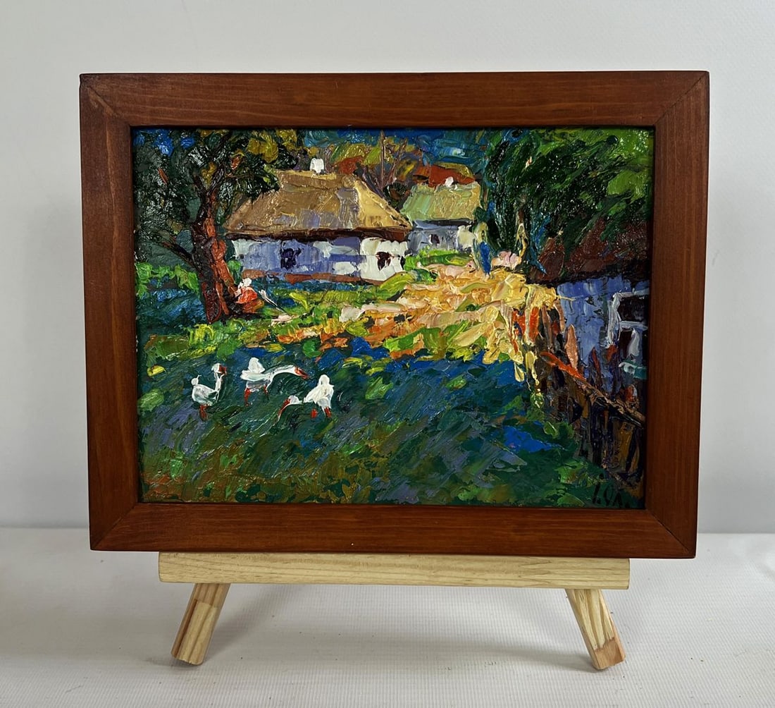 Oil painting Morning street of the village Alex Kalenyuk: NoAAA4697The oil painting on cardboard titled "Morning Street of the Village" captures the serene beauty of rural life in the early hours of the day. The artist uses bold impasto strokes to bring the 