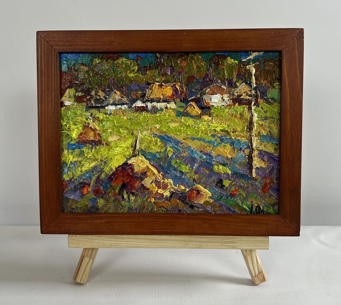 Oil painting Sunny day in the village Alex Kalenyuk: NoAAA4714The oil painting on cardboard titled "Sunny Day in the Village" captures the vibrant and idyllic essence of rural life, bathed in warm golden sunlight. The artist employs bold, expressive bru