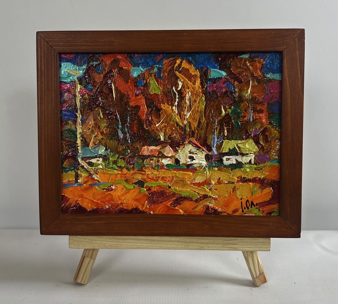 Oil painting Crimson autumn in the village Alex Kalenyuk: NoAAA4719The oil painting on cardboard titled "Crimson Autumn in the Village" captures the essence of a picturesque rural landscape engulfed in the fiery hues of fall. Through an expressive impasto