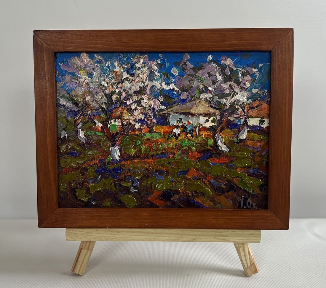 Oil painting The gardens are blooming Alex Kalenyuk: NoAAA4723The oil painting on cardboard titled "The Gardens Are Blooming" captures the vibrant energy and delicate beauty of nature awakening in spring. The scene is imbued with a sense of renewal and 