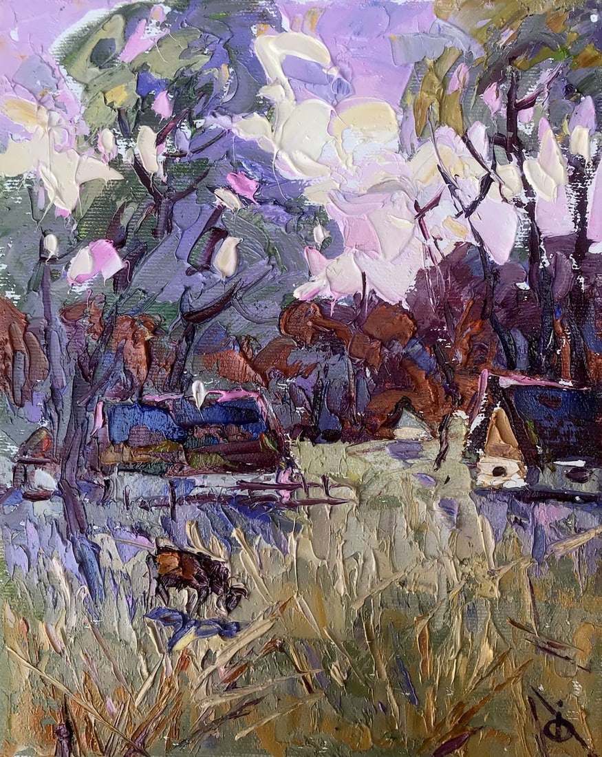 Oil painting On the edge of the forest Alex Kalenyuk: NoAAA3228"On the Edge of the Forest" is an Oil painting that captures the enchanting threshold where an open meadow meets the dense embrace of woodland. The artist has skillfully used the impasto