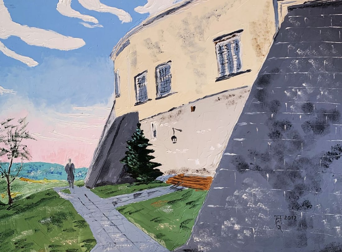 Oil painting Next to the penthouse Oleksandr Gukalov: NoAAA3261The painting "Next to the Penthouse" is an evocative oil on canvas piece that captures the serene and picturesque setting adjacent to a penthouse. The artist uses a harmonious color palette