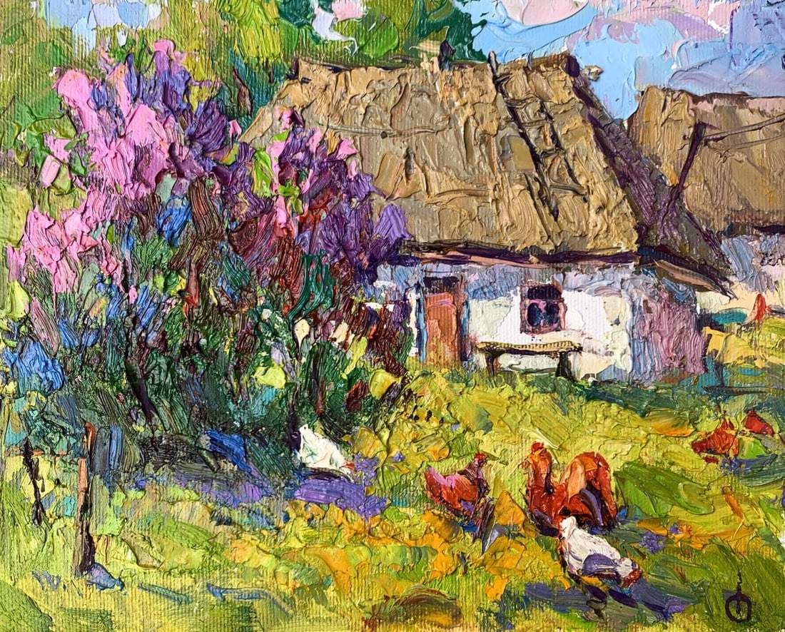 Oil painting Chickens grazing in the yard Oksana Kalenyuk: NoAAA3324"Chickens Grazing in the Yard" is a vibrant and textured Oil painting that captures the lively atmosphere of a rustic village scene. The artist employs a thick impasto technique, using bold a
