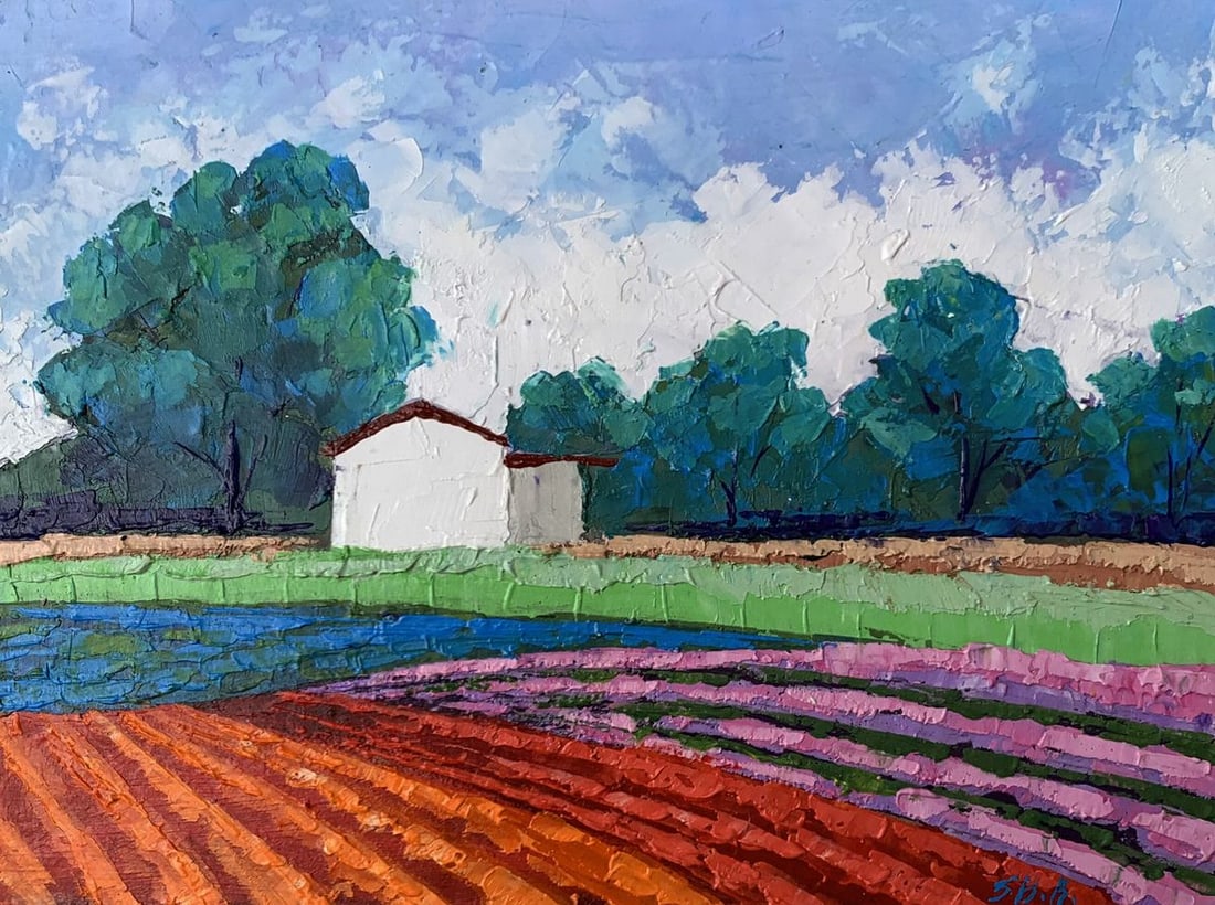 Oil painting House among the trees V. Zadorozhnya: NoAAA3325"House among the trees" is a vivid and textured Oil painting that captures the serene and colorful atmosphere of a rural scene. The artist employs a thick impasto technique, creating a