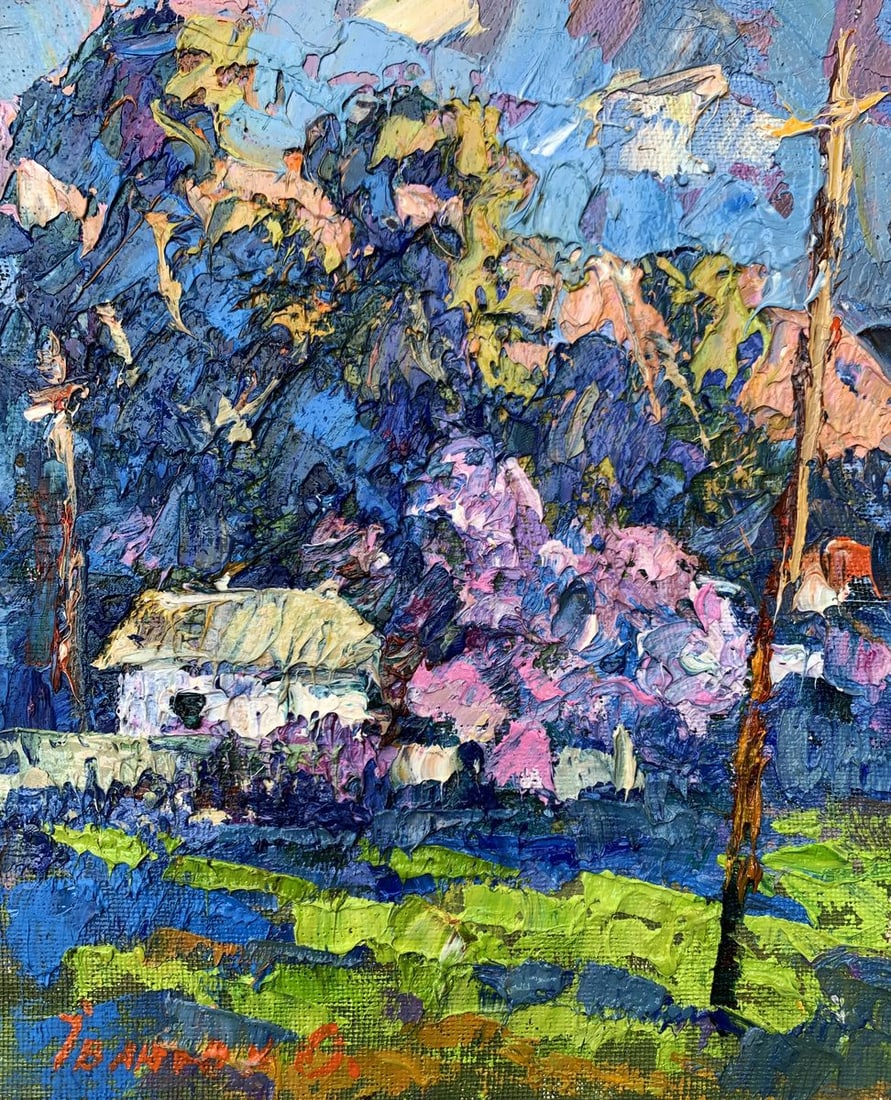 Oil painting Morning walk Oksana Kalenyuk: NoAAA3513The painting "Morning Walk" is a captivating and vibrant depiction of a serene rural setting, brought to life through the rich textures and expressive brushstrokes of oil on cardboard. This a