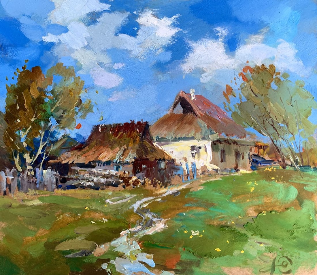 Oil painting Village tranquility Yuriy Suprunchuk: NoAAA3595The painting titled "Village Tranquility" captures the essence of rural life bathed in the warm, serene embrace of a clear, sunny day. Through vivid brushstrokes and a rich palette, the