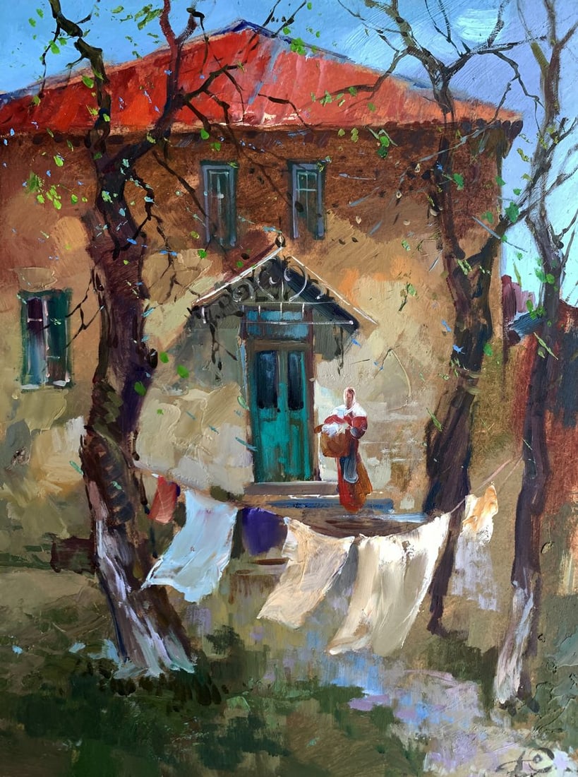 Oil painting A light breeze in the yard Yuriy Suprunchuk: NoAAA3616The painting "A Light Breeze in the Yard" captures the simplicity and charm of rural life in a sunlit courtyard. This oil-on-cardboard piece portrays a tranquil scene of a modest countryside