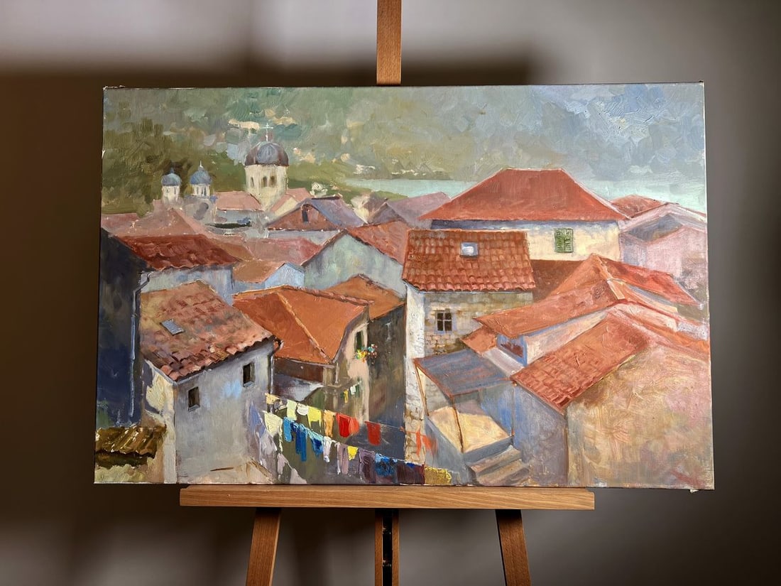 Oil painting Streets of the town Tatyana Derdey: NoAAA3664"Streets of the Town" is an evocative Oil painting on canvas that transports the viewer to a charming Mediterranean town. The artist skillfully depicts a maze of terracotta rooftops, sunlit w