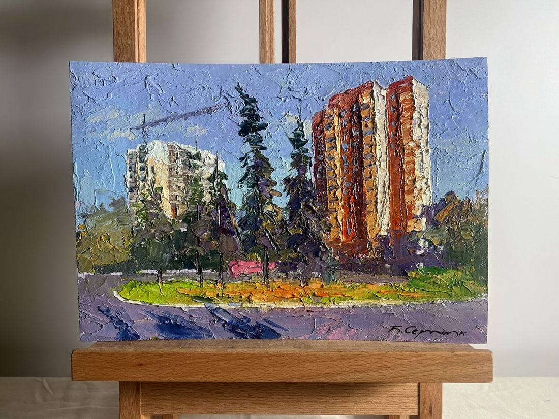 Oil painting Summer city park Boris Serdyuk: NoAAA3712The painting "Summer City Park" presents a vibrant urban landscape where nature and modern architecture coexist harmoniously. The artist skillfully employs bold, expressive brushstrokes, char