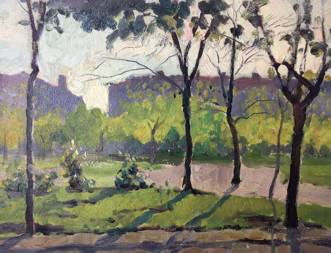 Oil painting City Park Evgeny Nikolaevich Tkachenko: NoGS 230 *** ABOUT THIS PAINTING *** * TITLE: "City Park" * ARTISTS: Evgeny Nikolaevich Tkachenko * SIZE: 25x34 cm/'9.84x13.38 inches' * MEDIUM: oil, cardboard * HAND PAINTED: Original painting from o