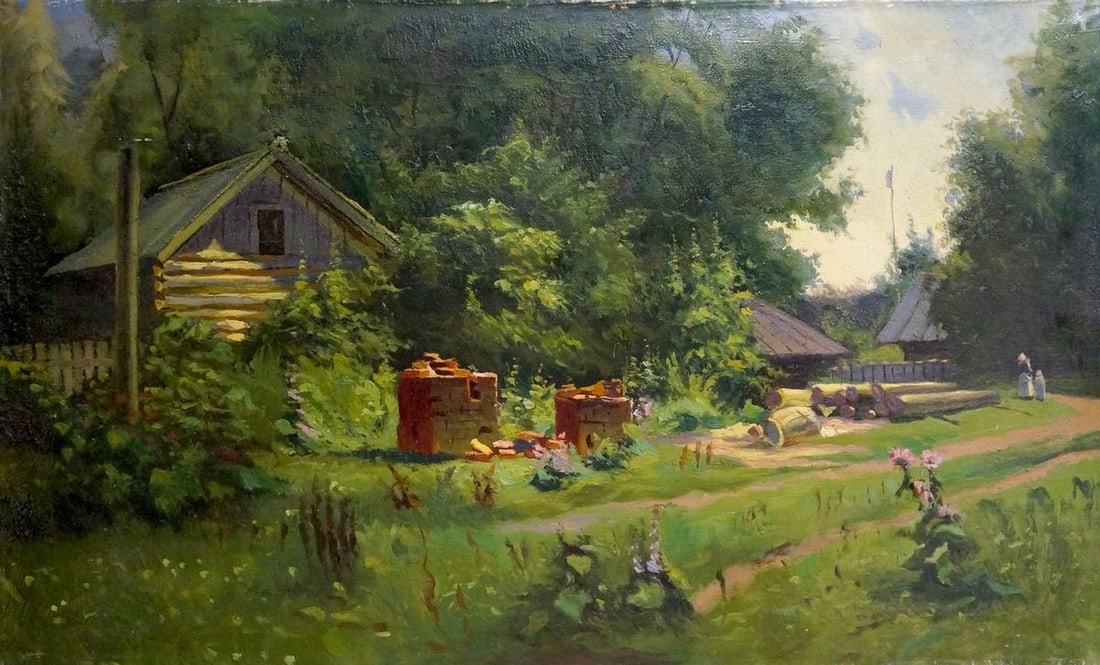 Oil painting Sawmill Vladimir school: NoVern 1002 *** ABOUT THIS PAINTING *** * TITLE: "Sawmill" * ARTISTS: Vladimir school * SIZE: 51x84 cm/'20.07x33.07 inches' * MEDIUM: oil, canvas * HAND PAINTED: Original painting from our collection 