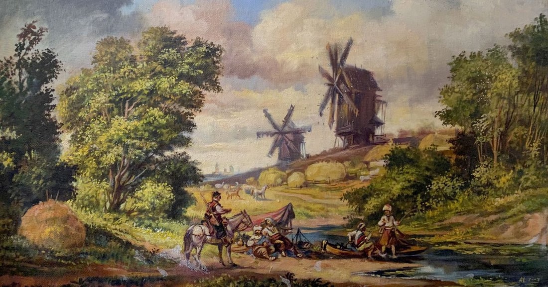 Oil painting Landscape with mills Alexander Arkadievich Litvinov: NoLitv 614 *** ABOUT THIS PAINTING *** * TITLE: "Landscape with mills" * ARTISTS: Alexander Arkadievich Litvinov * SIZE: 31x55 cm/'12.20x21.65 inches' * MEDIUM: oil, canvas * HAND PAINTED: Original pa