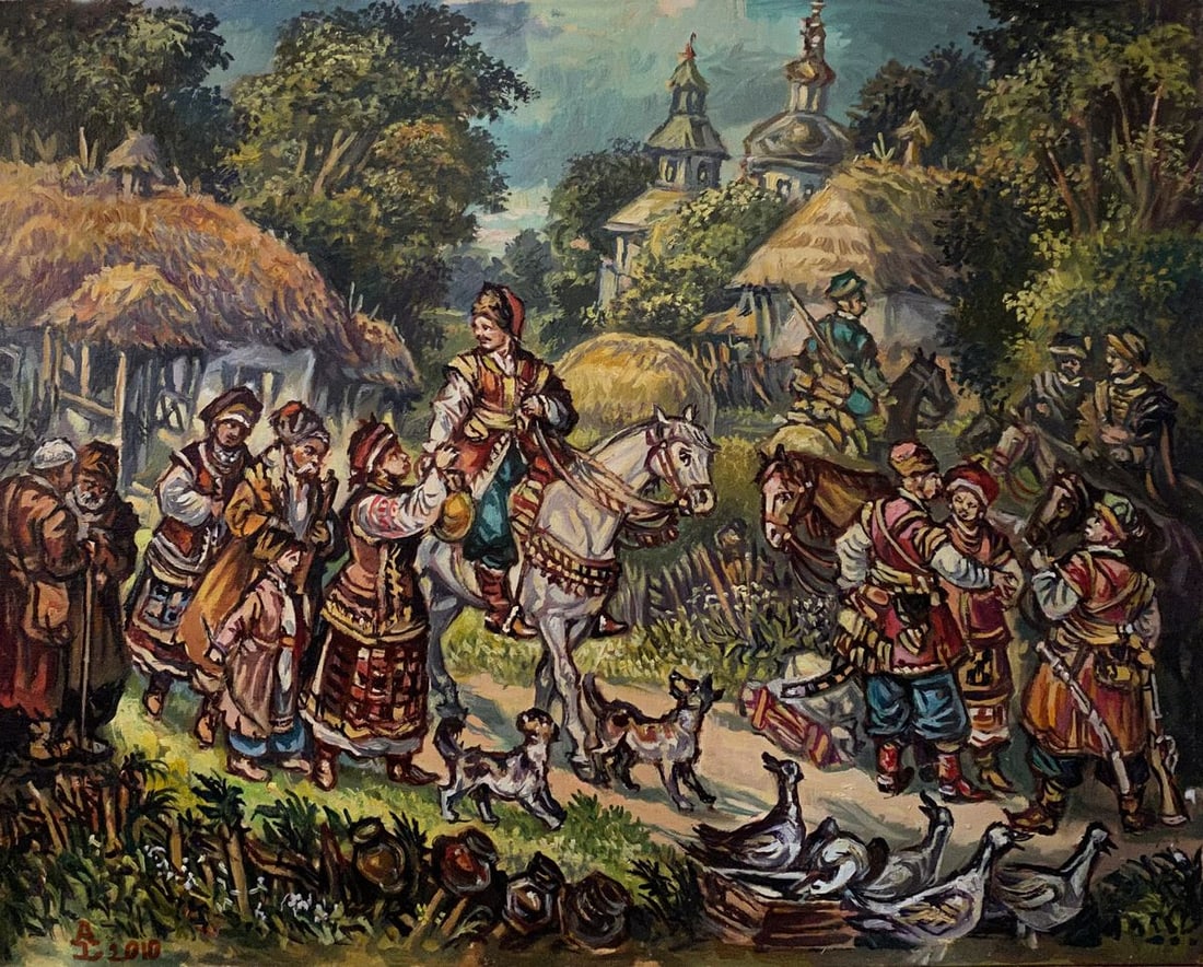 Oil painting Seeing off the Cossacks Alexander Arkadievich Litvinov: NoLitv 723 *** ABOUT THIS PAINTING *** * TITLE: "Seeing off the Cossacks" * ARTISTS: Alexander Arkadievich Litvinov * SIZE: 40x50 cm/15,74x19,68 inches' * MEDIUM: oil, canvas * HAND PAINTED: Original 