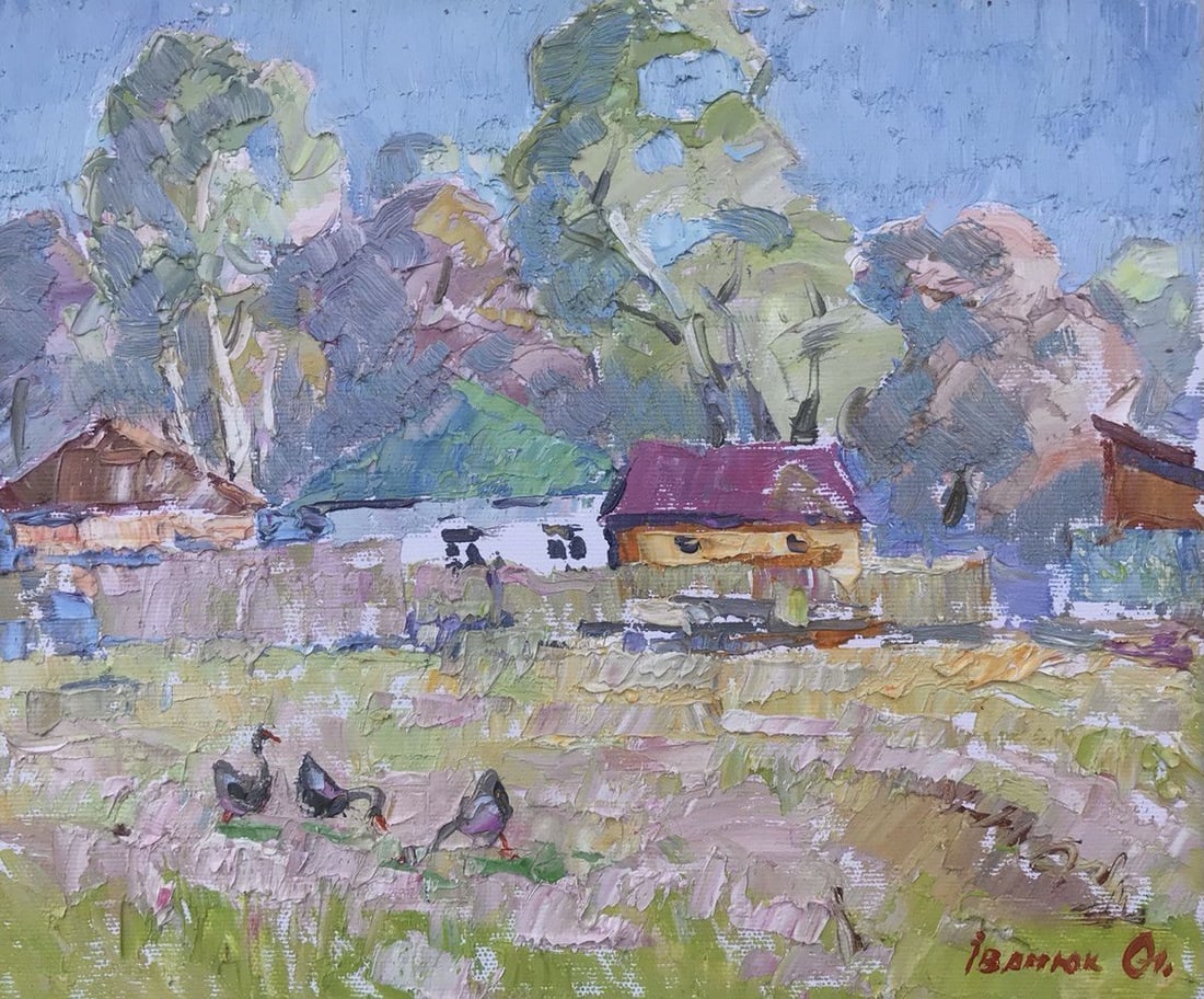 Oil painting To the pasture Kalenyuk Alex: NoKalen 828 Looking at this oil painting, you can almost feel the warm sun on your skin and smell the freshness of the grass. The village depicted in the painting is tranquil and charming, with