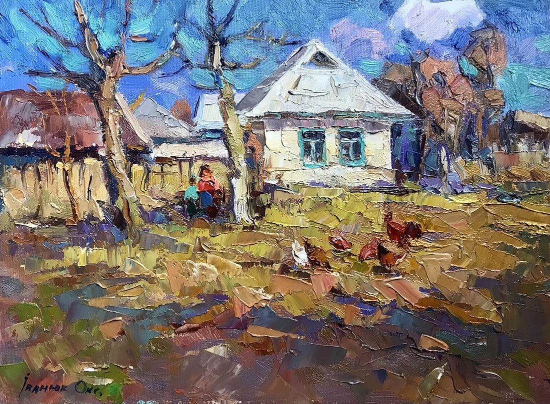 Oil painting Spring Kalenyuk Oksana: NoKalen 1016 The oil painting portrays a quaint and peaceful village scene, evoking the charm and simplicity of rural life. The focus is on the left-hand side of the canvas, where a woman and child ar