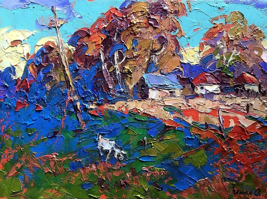 Oil painting Warm rays of the sun Kalenyuk Alex: NoKalen 1021 The oil painting depicts a serene countryside scene in the early morning of fall. In the foreground, there is a vast field that stretches as far as the eye can see. The field is bathed in