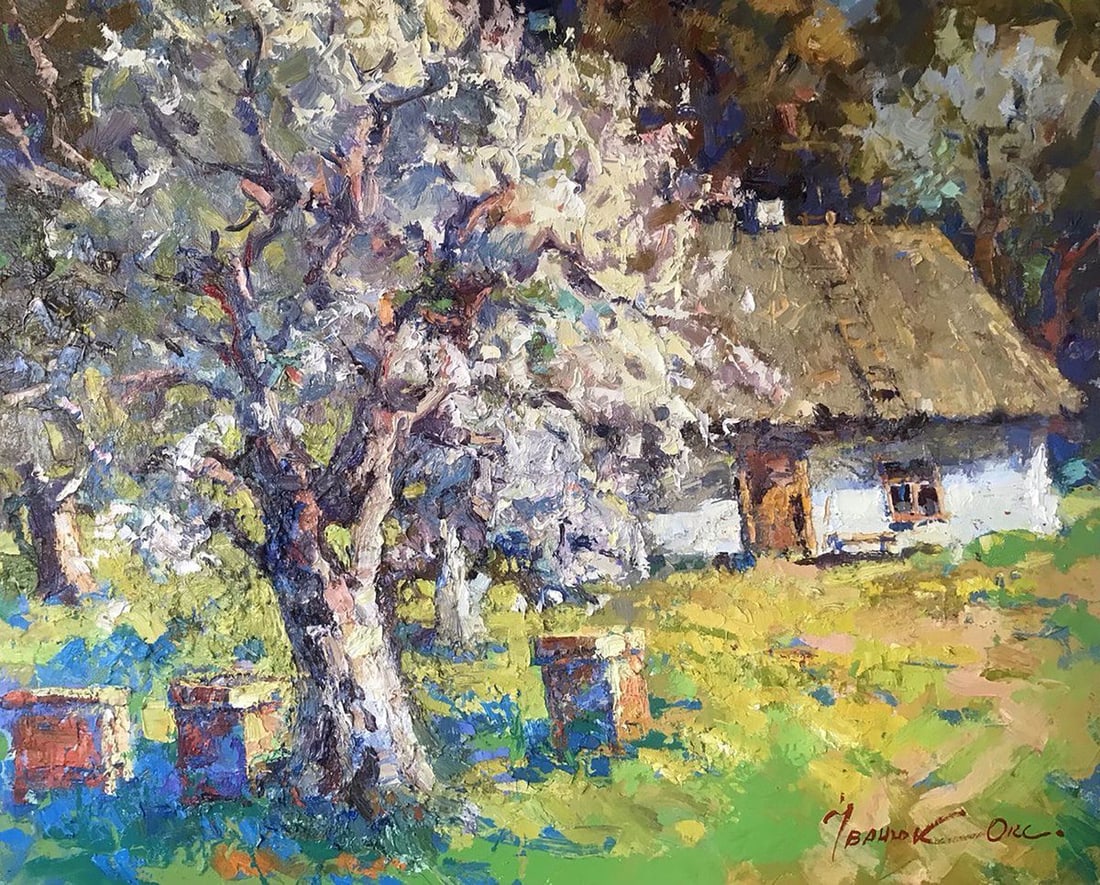 Oil painting Spring in the old yard Kalenyuk Oksana: NoKalen 1060"Spring in the Old Courtyard" is a captivating oil painting that beautifully captures the essence of a vibrant spring landscape. The artist skillfully brings to life a scene brimming with 