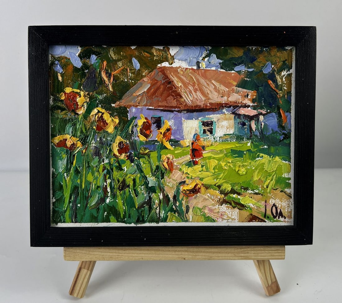 Oil painting Sunflowers in the yard of the house Oleksiy Ivanyuk: NoAAA6334*** ABOUT THIS PAINTING **** TITLE: "Sunflowers in the yard of the house"* ARTISTS: Oleksiy Ivanyuk* SIZE: 15x20 cm/5.90x7.87 inches'* MEDIUM: oil, canvas* HAND PAINTED: Original painting fro