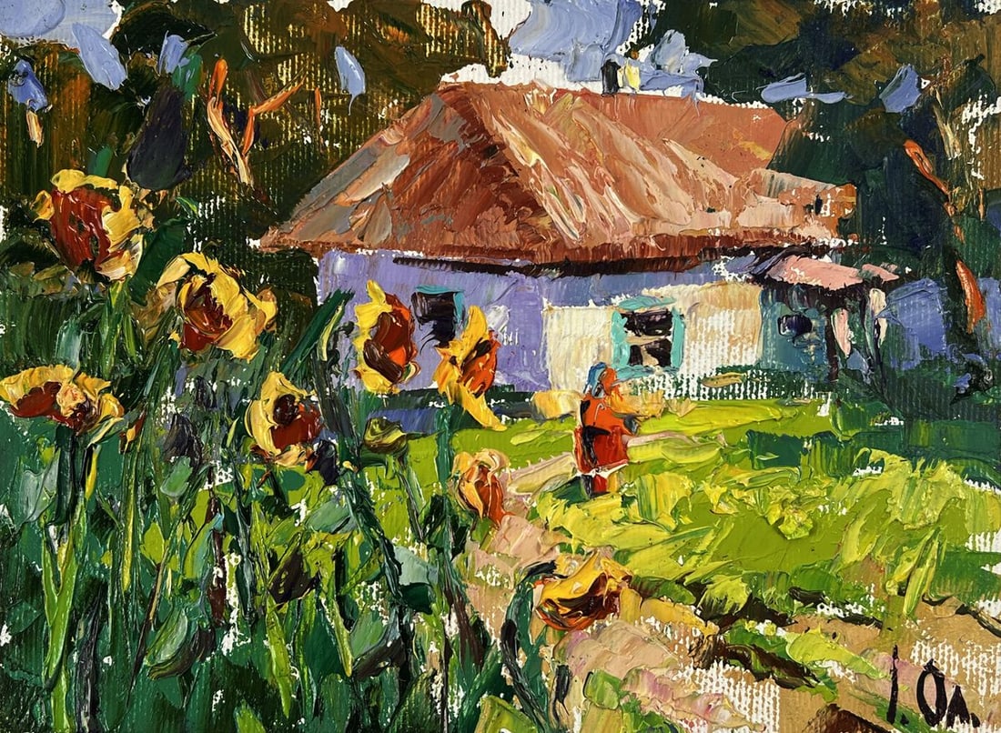 Oil painting Sunflowers in the yard of the house Oleksiy Ivanyuk - 3