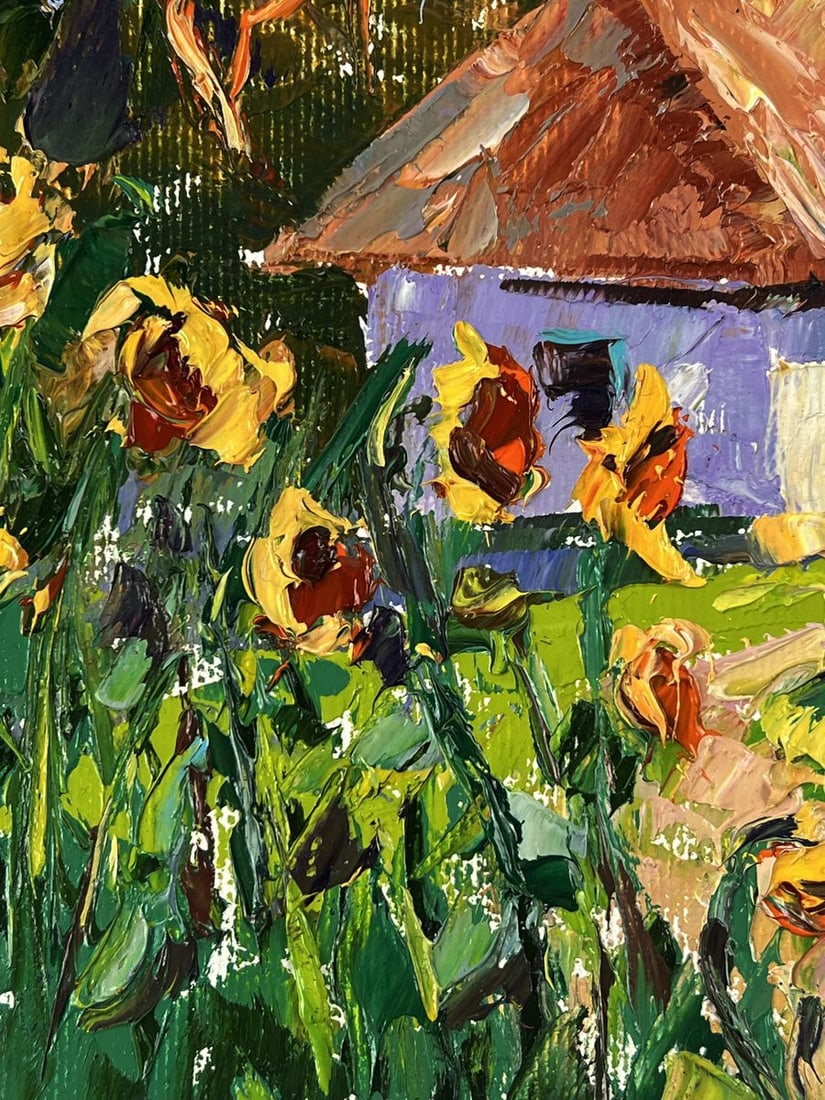 Oil painting Sunflowers in the yard of the house Oleksiy Ivanyuk - 5