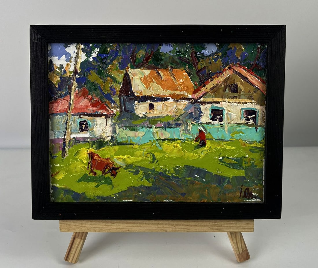 Oil painting A cow is walking around the village Oleksiy Ivanyuk: NoAAA6339*** ABOUT THIS PAINTING **** TITLE: "A cow is walking around the village"* ARTISTS: Oleksiy Ivanyuk* SIZE: 15x20 cm/5.90x7.87 inches'* MEDIUM: oil, canvas* HAND PAINTED: Original painting fro