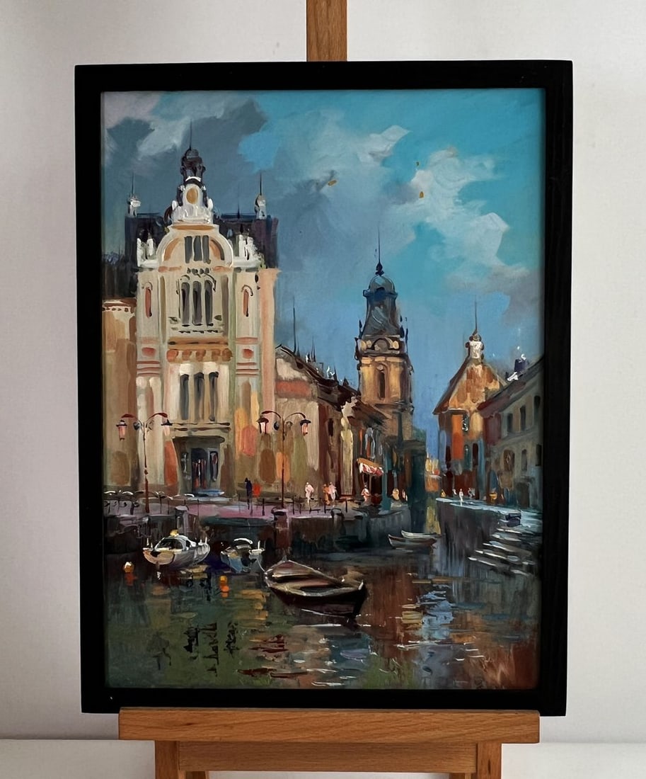 Oil painting City with a river Yuriy Suprunchuk: NoAAA5975*** ABOUT THIS PAINTING **** TITLE: "City with a river"* ARTISTS: Yuriy Suprunchuk* SIZE: 40x30 cm/15.74x11.81 inches'* MEDIUM: oil, cardboard* HAND PAINTED: Original painting from our collec